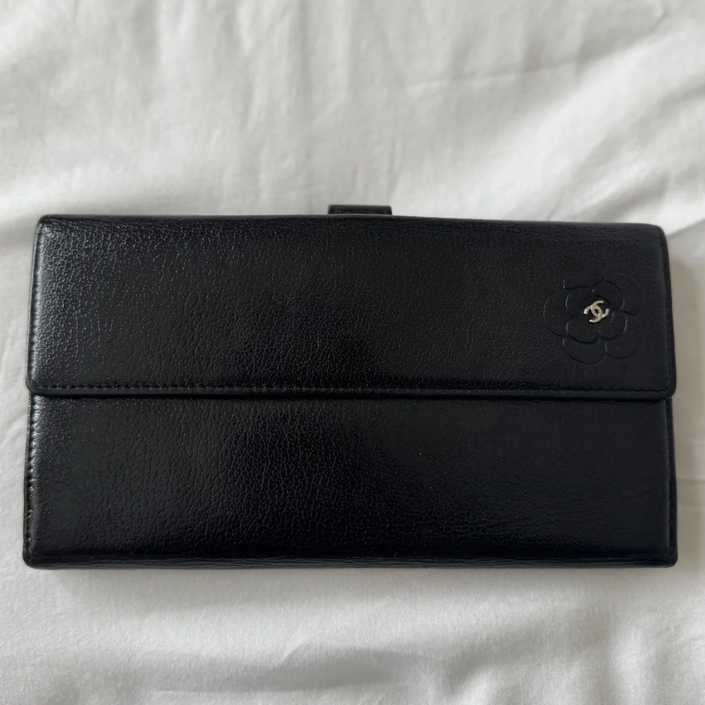 CHANEL Camellia Embossed Black Leather Long Flap Wallet Vintage